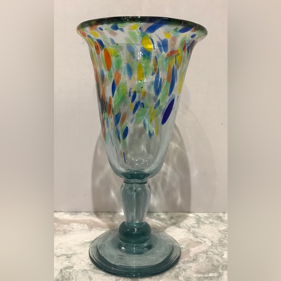 Vintage Hand Blown Mexican Confetti 8 oz Wine Glass Goblet - Picture 1 of 4